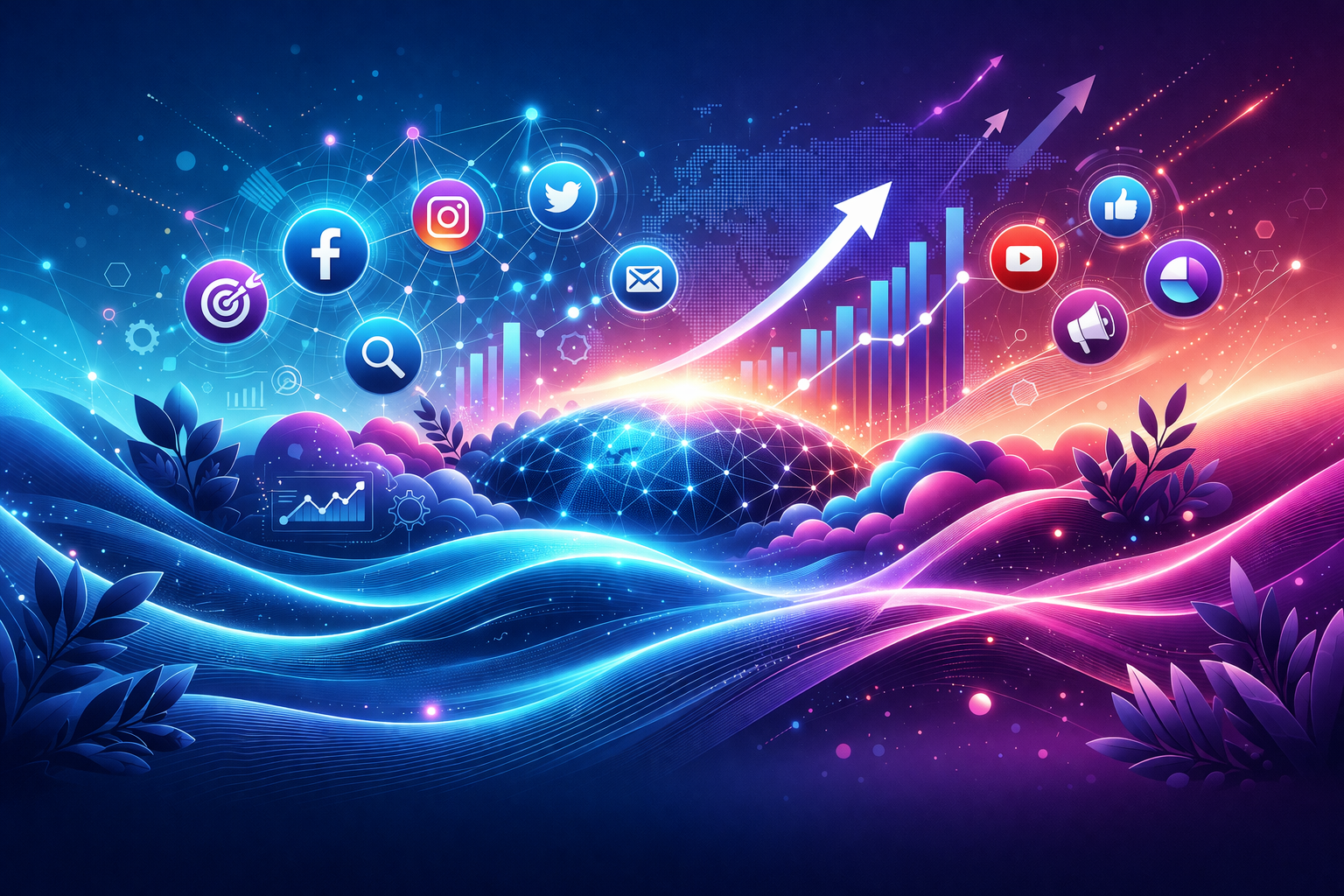 Abstract digital marketing illustration showing network connections and analytics